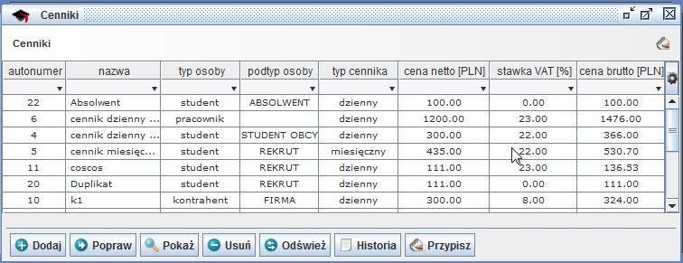 pod warunkiem, że dany typ nie został przypisany wcześniej do dowolnego cennika.