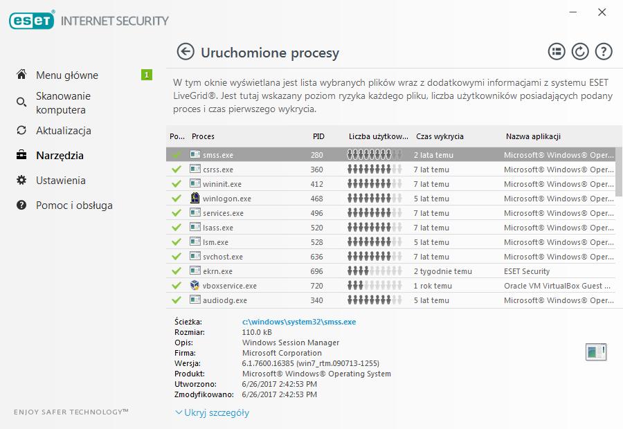 4.6.3.2 Uruchomione procesy Funkcja Uruchomione procesy wyświetla uruchomione na komputerze programy lub procesy oraz natychmiastowo i w sposób ciągły informuje firmę ESET o nowych infekcjach.