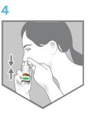 Skierować końcówkę dozownika w kierunku zewnętrznej strony nosa, odsuwając ją trochę od przegrody nosowej. 5. Oddychać przez nos i podczas wdechu mocno, do oporu, nacisnąć przycisk uwalniający dawkę.