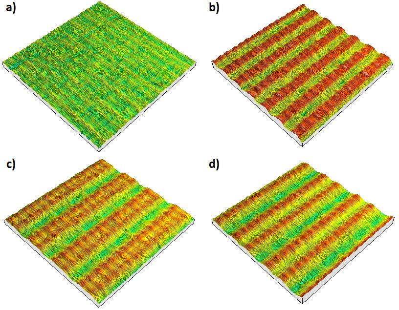 Rys. 6. Widok powierzchni nagniatanych siłą F N=200 N uprzednio frezowanych ze zmiennymi wartościami posuwu wierszowania: a) f wf =0.1; b) f wf =0.3; c) f wf =0.5; d) f wf =0.