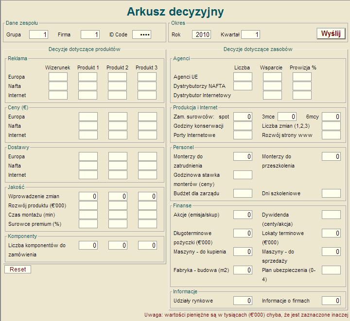 PRZEBIEG SYMULACJI Arkusz decyzyjny w symulacji GMC Strategia zespołu zostaje zastosowana poprzez podjęcie 75 decyzji, dotyczących: Reklamy (wizerunkowej, produktowej) Cen (produktów na