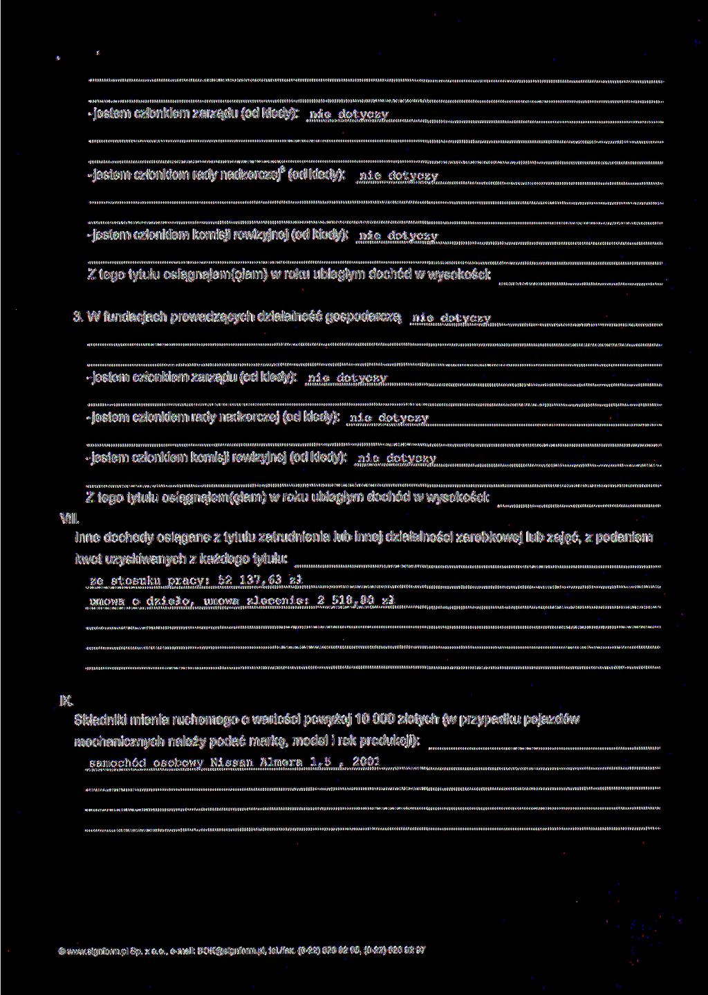 -jestem członkiem zarządu (od kiedy): nie jestem członkiem rady nadzorczej (od kiedy): -jestem członkiem komisji rewizyjnej (od kiedy): Z tego tytułu osiacjnąłem(ęłam) w roku ubiegłym dochód w