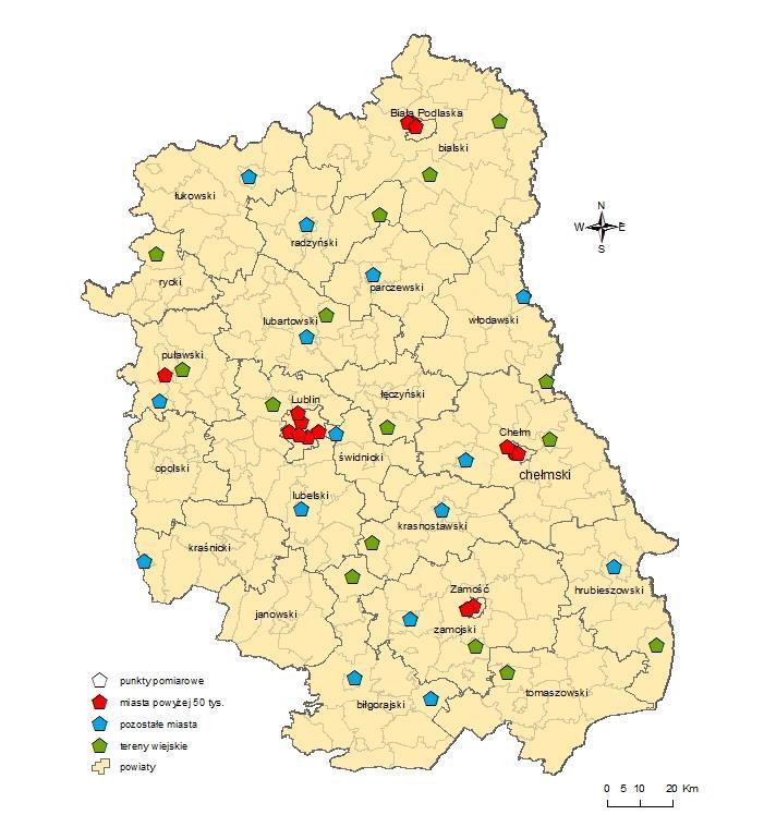 Mapa 14. Lokalizacja punktów pomiarowych promieniowania elektromagnetycznego w 2013 r.