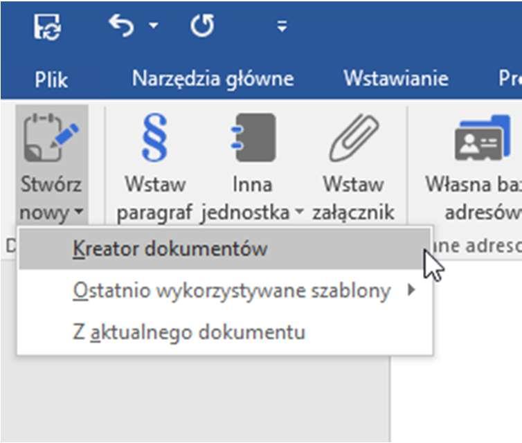 Rys 7. Tworzenie nowego dokumentu przy pomocy kreatora. Wybranie tej opcji spowoduje wyświetlenie okna wyboru szablonu (rys. 8).