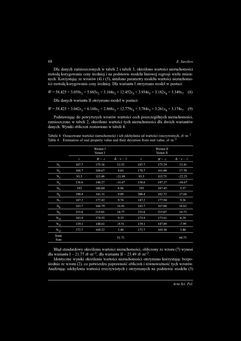 104x3 + 12.452x4 + 3.934x5 + 3.182x6 + 3.349x7 (8) Dla danych wariantu II otrzymano model w postaci: W = 58.425 + 3.042x1 + 6.168x2 + 2.868x3 + 12.779x4 + 3.784x5 + 3.261x6 + 3.