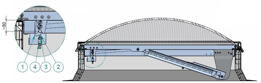 Luz skrzydła klapy należy kasować wkręcając śrubę oczkową lub regulując śrubę T. Poprzeczka śruby T powinna być w odległości ~50 mm od górnej krawędzi trawersu układu otwierającego (rys. 14).