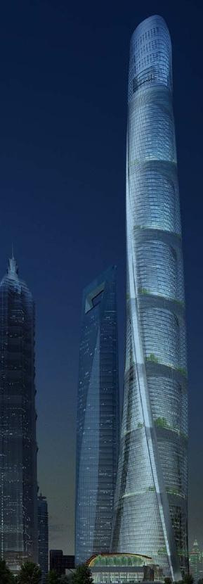 7. Przykład nowoczesnego rozwiązania budynku wysokiego Rys. 44 Shanghai Tower na tle SWFC i Jin Mao.
