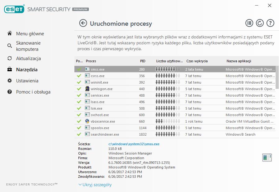 4.6.10.2 Uruchomione procesy Funkcja Uruchomione procesy wyświetla uruchomione na komputerze programy lub procesy oraz natychmiastowo i w sposób ciągły informuje firmę ESET o nowych infekcjach.