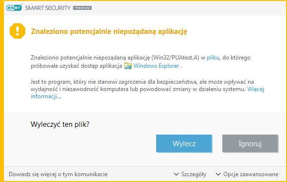 6.1.9 Potencjalnie niepożądane aplikacje Potencjalnie niepożądana aplikacja to program, który zawiera oprogramowanie typu adware, instaluje paski narzędzi lub wykonuje inne niejasne działania.