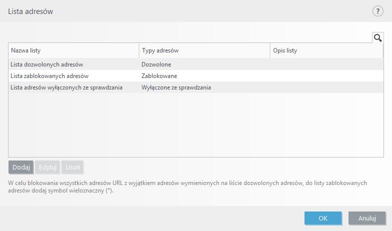 Na listach nie można używać symboli specjalnych: * (gwiazdka) oraz? (znak zapytania). Gwiazdka zastępuje dowolny ciąg znaków, a znak zapytania zastępuje dowolny symbol.