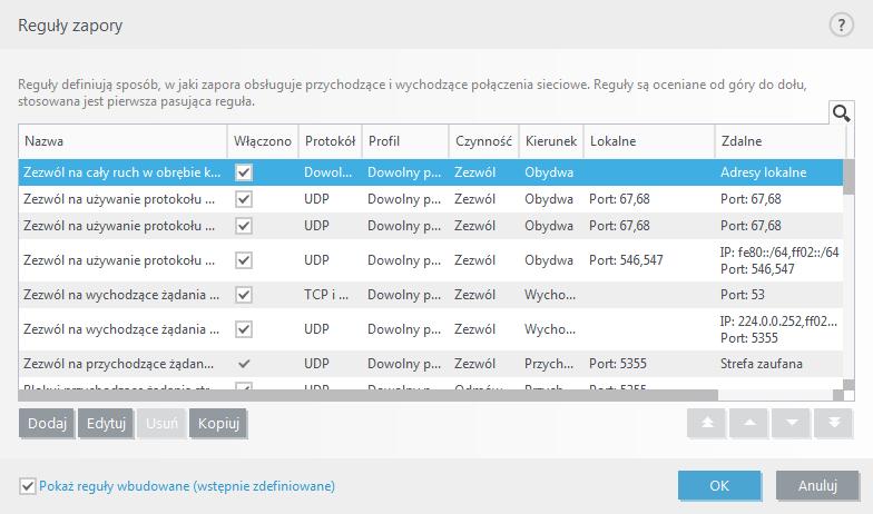 4.3.3.1 Reguły zapory Kliknięcie opcji Edytuj obok pozycji Reguły na karcie Podstawowe umożliwia wyświetlenie okna Reguły zapory z listą wszystkich reguł.