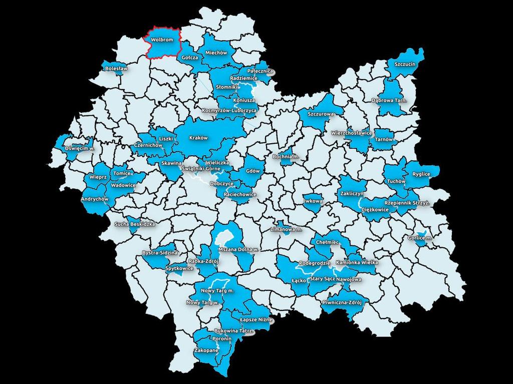 Gmina Wolbrom Gmina miejsko-wiejska położona w północnej części województwa małopolskiego w powiecie olkuskim. Powierzchnia ok 146 km2.