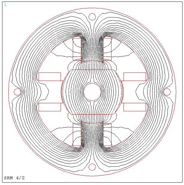Widok siatki elementów skończonych modelu maszyny 6/4 Na rysunkach 2 i 3 przedstawiono rozkład strumienia magnetycznego odpowiednio dla konstrukcji 6/4 i 12/8 dla