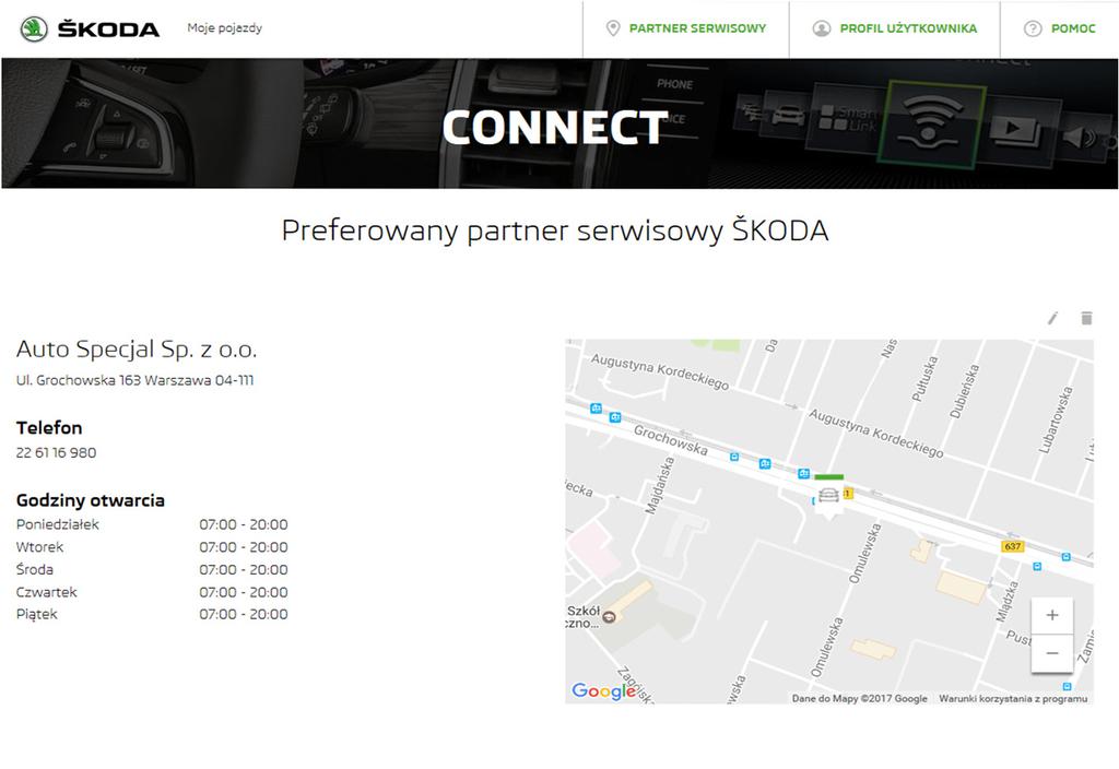 Connect Portal Wybór preferowanego partnera serwisowego 3. Po potwierdzeniu wyboru preferowanego partnera serwisowego zostaną wyszczególnione informacje na temat wybranego partnera.