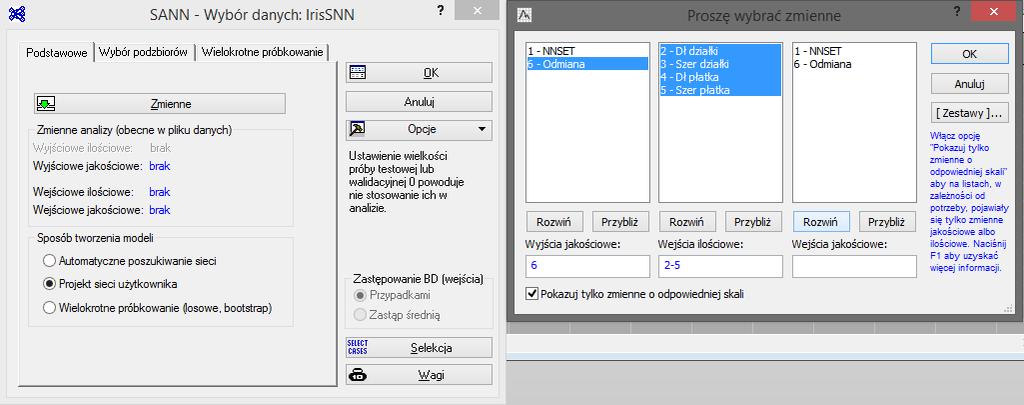 Rysunek 1 Wybór zadania sieci neuronowej 2.2 Definicja zmiennych Dla tworzonej sieci neuronowej należało sprecyzować zmienne wejścia oraz zmienną wyjściową.