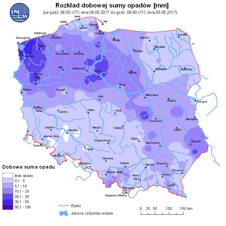 Ryc. 2. Rozkład dobowej sumy opadów Dorzecze Wisły Stan wody w dorzeczu Wisły układa się głównie w strefie wody średniej i wysokiej.