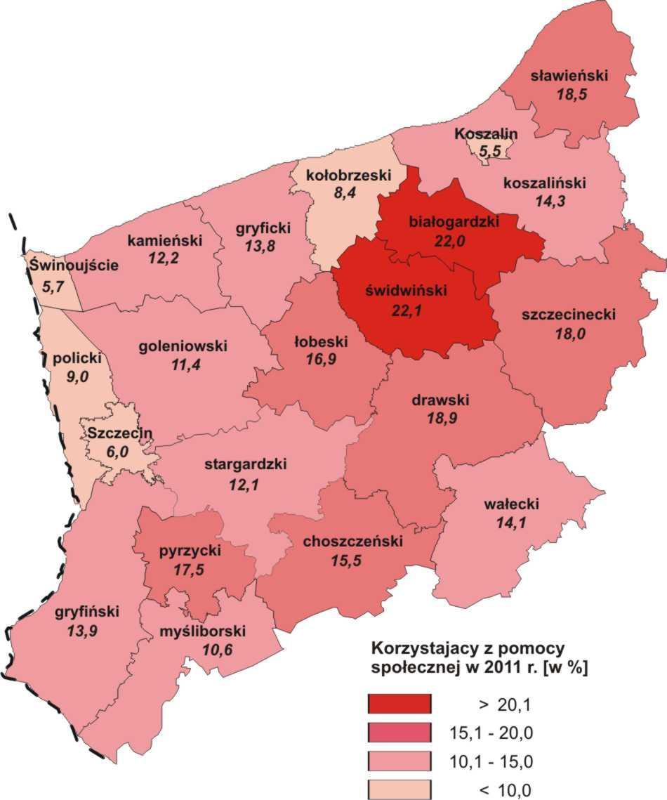 2. DANE O KORZYSTAJĄCYCH Z POMOCY SPOŁECZNEJ Analiza nadesłanych danych dotyczących osób korzystających z pomocy społecznej umożliwia przedstawienie rozkładu przestrzennego, w podziale na powiaty