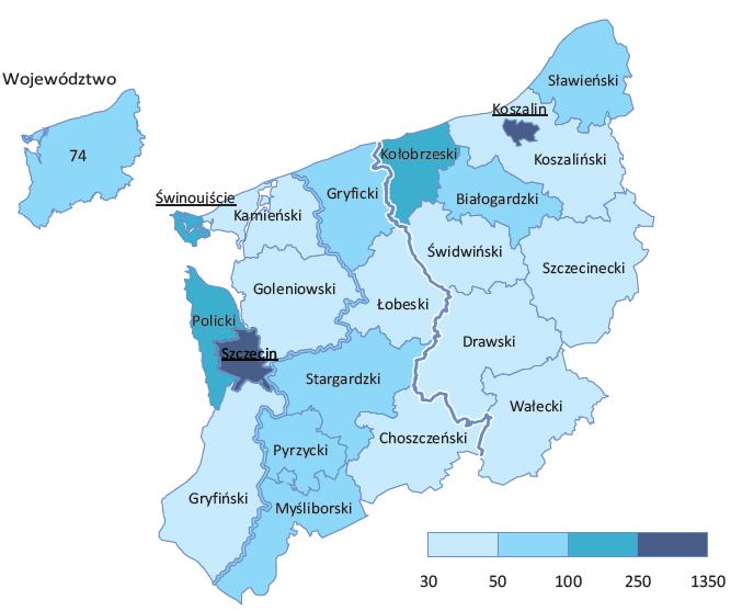 Mapa nr 1 - Ludność na 1 km 2 w 2010 roku Źródło: Stan i ruch naturalny ludności w województwie zachodniopomorskim w 2010 r., Urząd Statystyczny w Szczecinie, Szczecin, maj 2011.