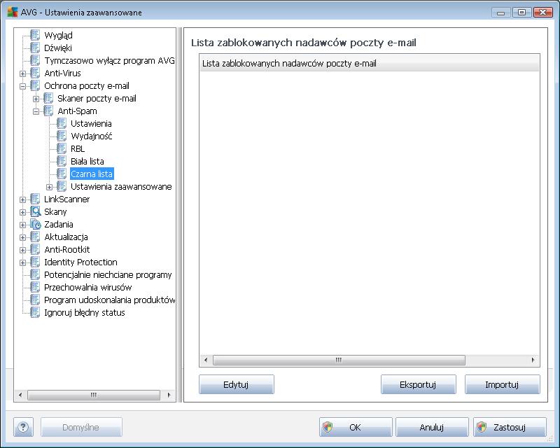 Kliknięcie pozycji Czarna lista pozwala otworzyć globalną listę zablokowanych adresów indywidualnych nadawców i domen, z których wiadomości zawsze są oznaczane jako spam.