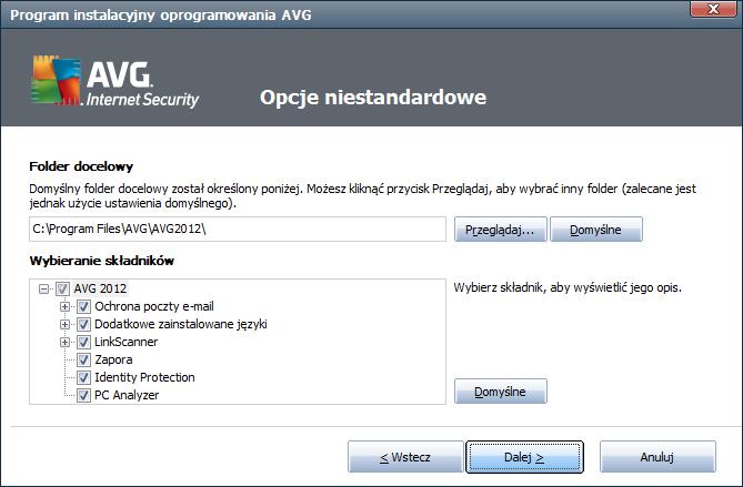 Instalacja gadżetu AVG W prawej części tego okna dialogowego znajduje się pole wyboru dotyczące gadżetu AVG ( obsługiwanego w systemie Windows Vista/Windows 7).