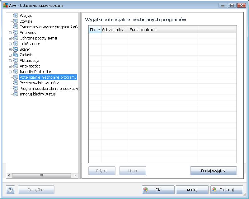Okno Wyj ątki potencj alnie niechcianych programów zawiera listę już zdefiniowanych i aktualnie obowiązujących wyjątków potencjalnie niechcianych programów.