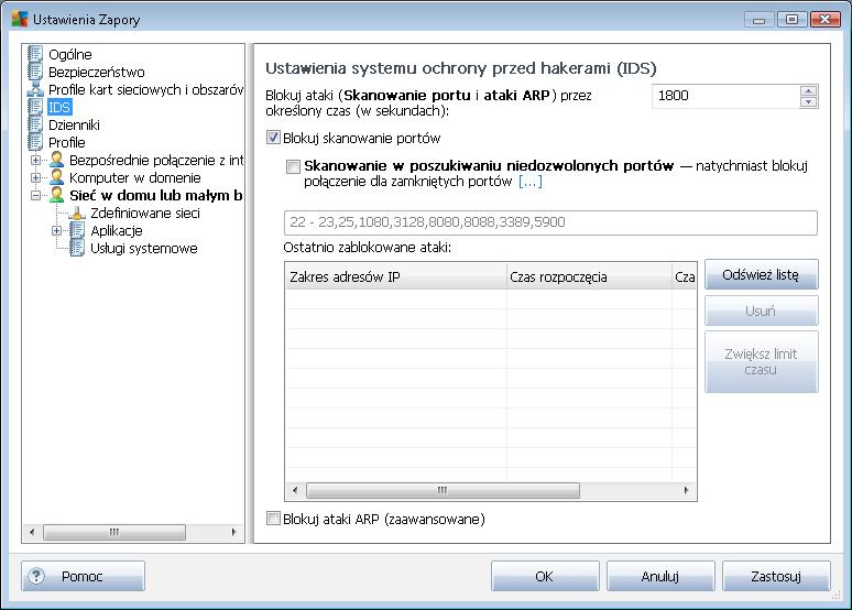 W oknie dialogowym Ustawienia IDS dostępne są następujące opcje: Blokuj ataki przez określony czas - pozwala ustawić czas (w sekundach), przez który port powinien być blokowany w przypadku wykrycia