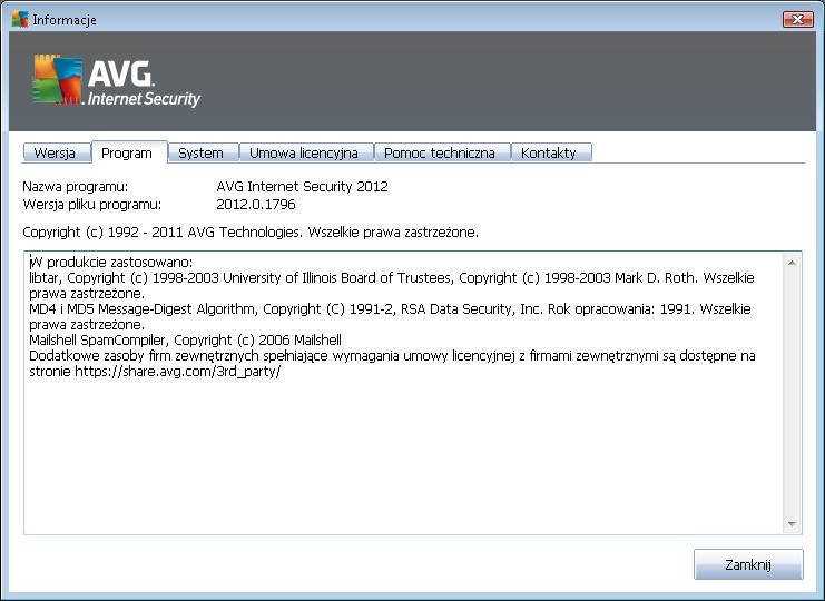 Na karcie Program możesz znaleźć informacje o wersji programu AVG Internet Security 2012 oraz o użytych bibliotekach innych producentów: Karta System wyświetla listę