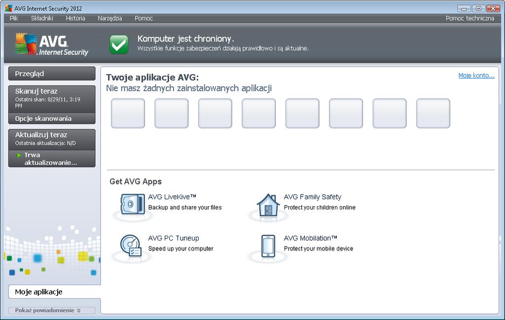 7. Moje aplikacje Aplikacje LiveKive, Family Safety i PC Tuneup dostępne są jako autonomiczne produkty, które mogą uzupełniać Twoją instalację systemu AVG Internet Security 2012.
