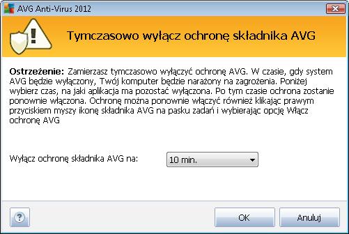 Jak wyłaczyć ochronę AVG Zaznacz pole Tymczasowo wyłącz ochronę AVG, a następnie potwierdź swoją decyzję, klikając przycisk Zastosuj Określ w nowo otwartym oknie Tymczasowo wyłącz ochronę AVG na jak