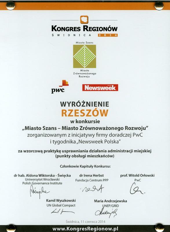 RZESZÓW W WYBRANYCH KONKURSACH I RANKINGACH Punkt Obsługi Mieszkańców znajdujący się w centrum handlowym Millenium Hall został LAUREATEM konkursu Panteon Administracji Polskiej oraz zdobył nagrodę za