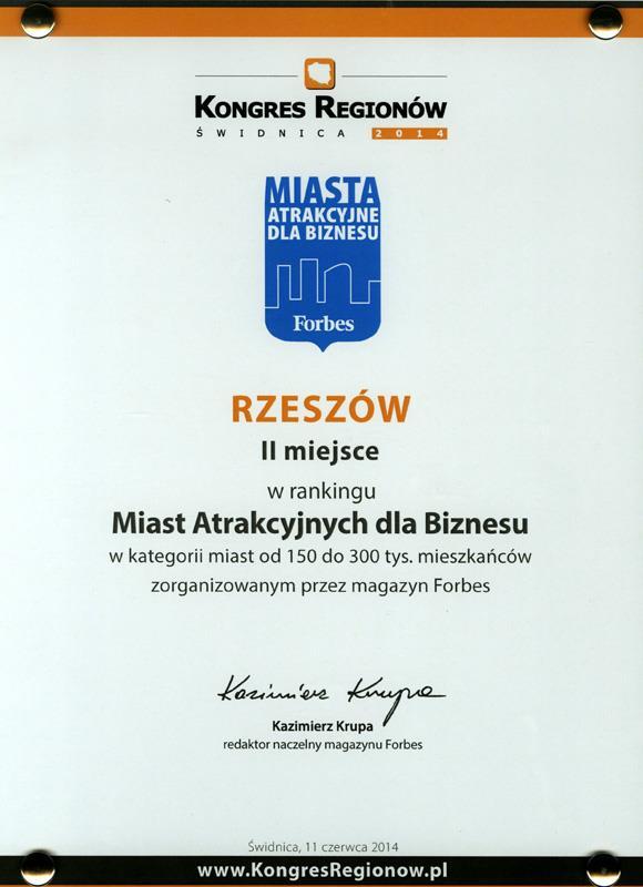 RZESZÓW W WYBRANYCH KONKURSACH I RANKINGACH Rzeszów zajął II miejsce w rankingu Miast Atrakcyjnych dla Biznesu, (czyli takich, które