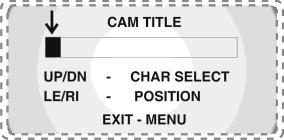 identyfikatora kamery CAM TITLE włączenie wyświetlania nazwy kamery ON włączenie UP/DN wybór znaku (0 9, A Z)