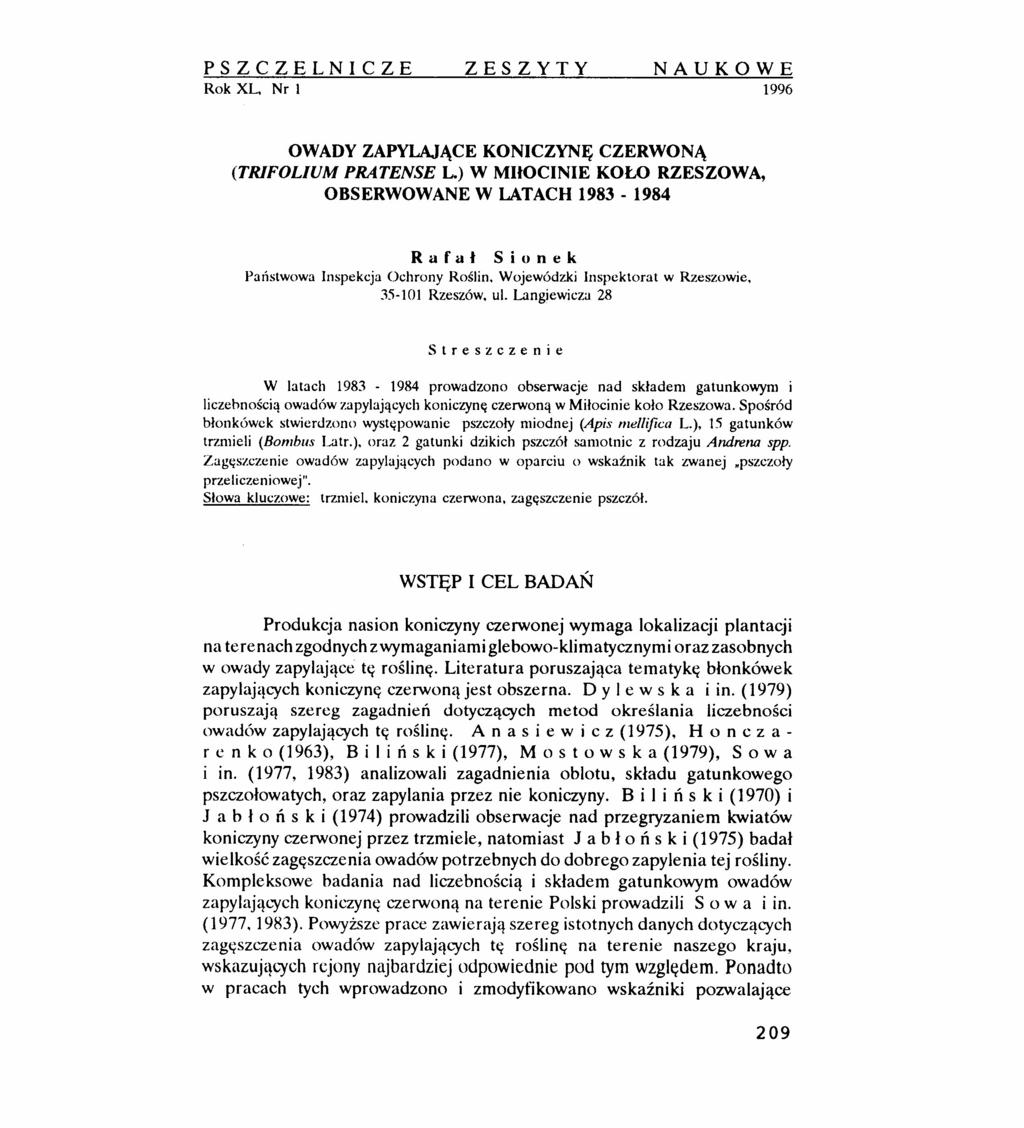 PSZCZELNICZE ZESZYTY NAUKOWE Rok XL. Nr 1 1996 OWADY ZAPYLAJĄCE KONICZYNĘ CZERWONĄ (TRIFOLIUM PRATENSE L.