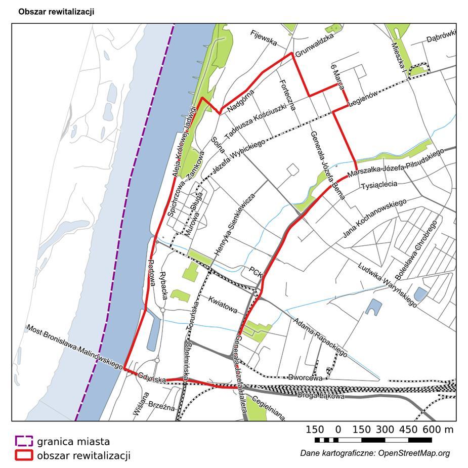 Wyznaczony w postępowaniu badawczym obszar zajmuje 2,93% powierzchni miasta (1,69 ha z 57,76 ha) i zamieszkały jest przez 17,79% mieszkańców miasta (15.807 os. z 88 867 os.