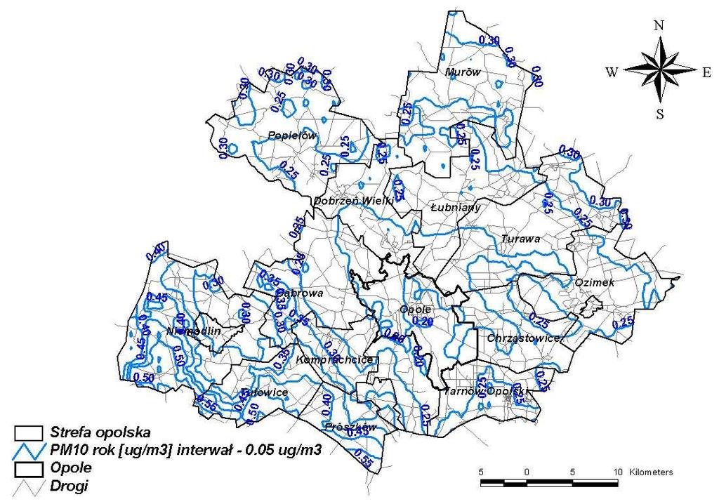 Rysunek 54 StęŜenia pyłu zawieszonego PM 10 o okresie uśredniania wyników pomiarów rok kalendarzowy w strefie opolskiej pochodzące od emitorów z rolnictwa zlokalizowanych w pasie 30 km wokół strefy w