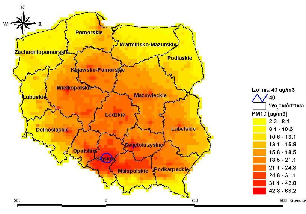 Rysunek 58 StęŜenia zanieczyszczeń pyłem PM 10 o okresie uśredniania wyników rok kalendarzowy, dla Polski, w 2005 r.