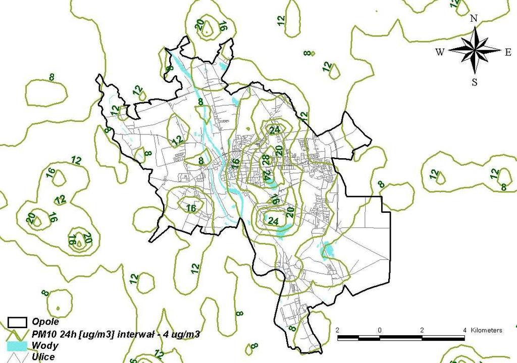 Rysunek 67 Rozkład stęŝeń pyłu zawieszonego PM 10 o okresie uśredniania wyników pomiarów 24 godziny (36max) pochodzących od emisji powierzchniowej w Opolu w 2005 r.