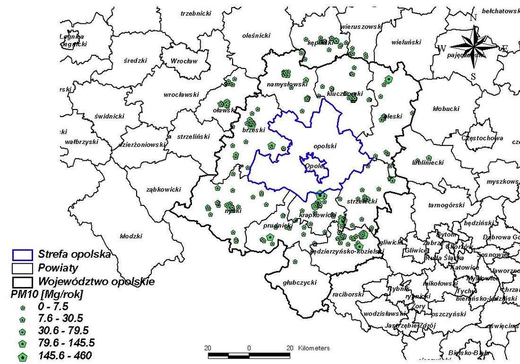 Rysunek 20 Emisja pyłu zawieszonego PM 10 z emitorów punktowych zlokalizowanych w pasie 30 km wokół strefy opolskiej w 2005 r.