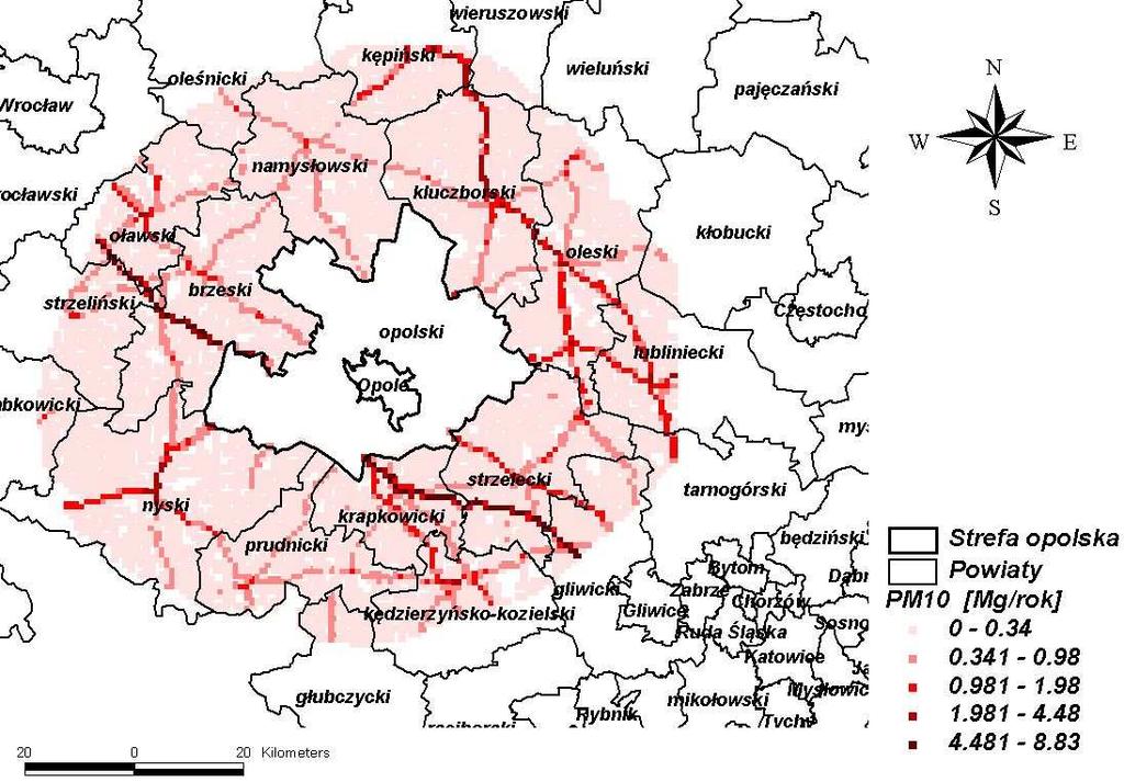 Rysunek 22 Całkowita emisja pyłu zawieszonego PM 10 ze źródeł liniowych zlokalizowanych w pasie 30 km wokół strefy opolskiej w 2005 r.