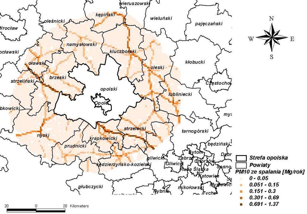 Rysunek 23 Emisja pyłu zawieszonego PM 10 z unosu, ze źródeł liniowych zlokalizowanych w pasie 30 km wokół strefy opolskiej w 2005 r.
