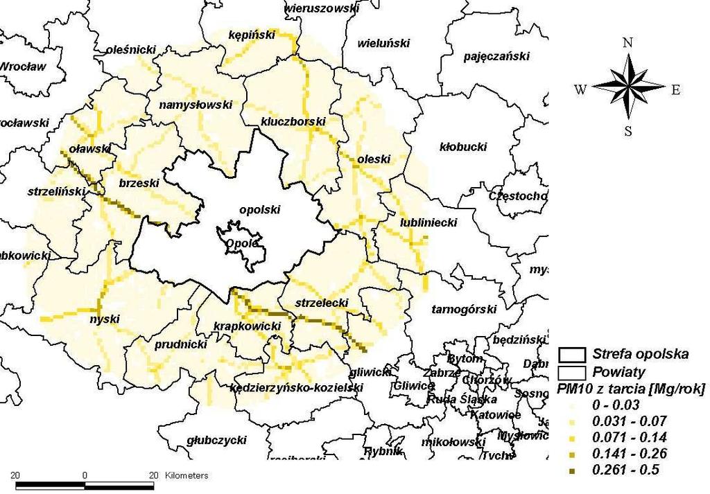 Rysunek 25 Emisja pyłu zawieszonego PM 10 z tarcia, ze źródeł liniowych zlokalizowanych w pasie 30 km wokół strefy opolskiej w 2005 r. 7.1.4.