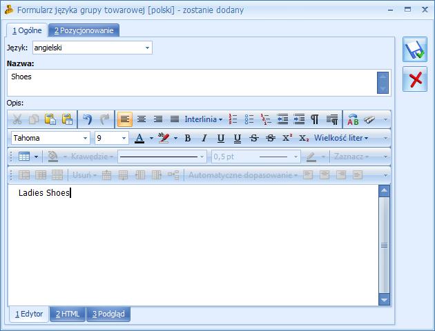Rys. Formularz języka grupy towarowej zakładka Ogólne.