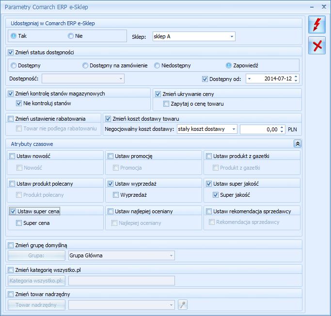 Zmiana parametrów Comarch ERP e-sklep Dla pozycji zaznaczonych na liście można zaznaczyć parametr Udostępniaj w Comarch ERP e-sklep dla wybranego sklepu, zmienić status dostępności