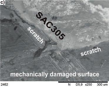 In the case of mechanical damage of the surface, depending on the location of these scratches or finish discontinuity against the liquid solder, the scratches inhibit wettability creating a barrier