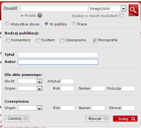 Przeszukiwanie kategorii księgozbiorów Wybór rodzaju publikacji Możliwość wyszukania konkretnej pozycji lub publikacji danego autora.