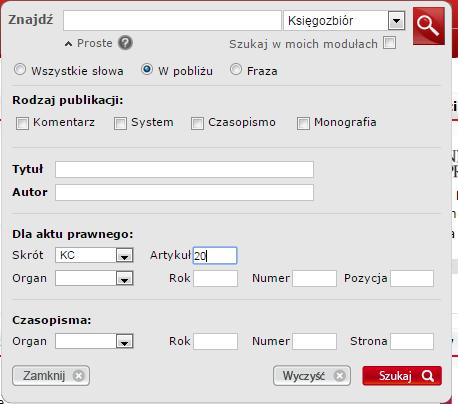 Przeszukiwanie kategorii księgozbiorów Wyszukiwanie publikacji powiązanych z konkretnym aktem prawnym i konkretnym artykułem w LEXie musieliśmy