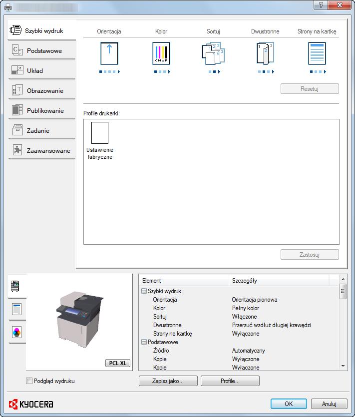 Drukowanie z komputera > Ekran ustawień drukowania w sterowniku drukarki Ekran ustawień drukowania w sterowniku drukarki W oknie dialogowym ustawień drukowania sterownika drukarki można skonfigurować