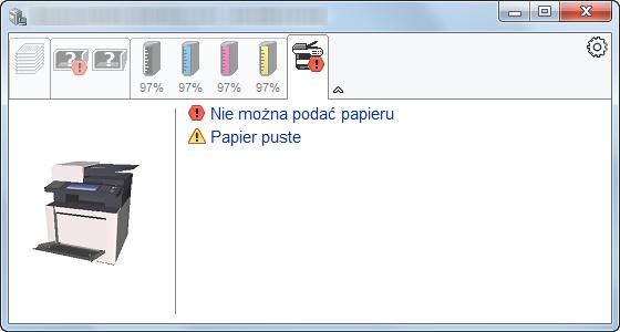 Drukowanie z komputera > Monitorowanie stanu drukarki (Status Monitor) Zakładka alarmów Jeśli wystąpi błąd, wyświetlone zostanie powiadomienie w postaci komunikatu tekstowego i obrazu 3D.