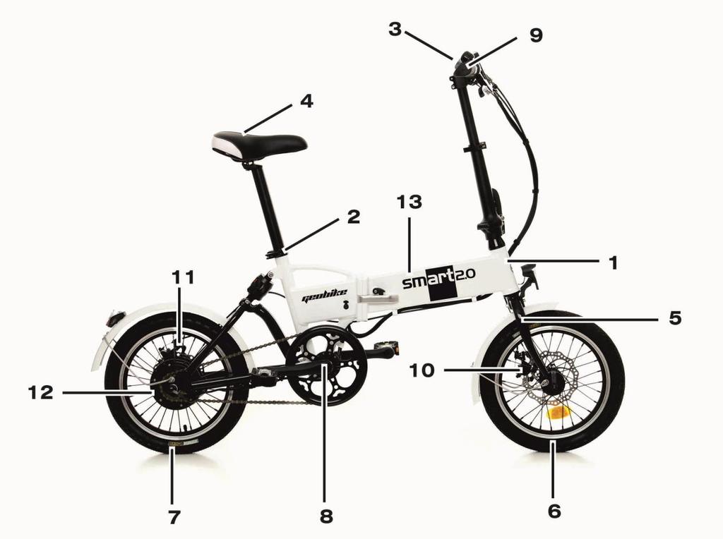 Opis elementów roweru 1. Rama (z numerem) 2. Blokada sztycy siodełka 3. Kierownica z wyświetlaczem LCD 4. Siodło 5. Widelec (sztywny) 6. Koło przednie 7. Koło tylne 8. Mechanizm korbowy 9.