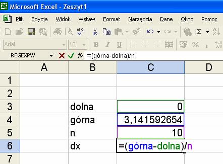 Pole pojedynczego (i-tego) trapezu wyznaczymy ze znanego wzoru: P i = dx ( ) + ( ) f x f x natomiast pole całego obszaru od wykresem będzie reprezentowane wzorem: n 1 P = dx i 2 i= 1 2 i+ 1 ( ) + ( )